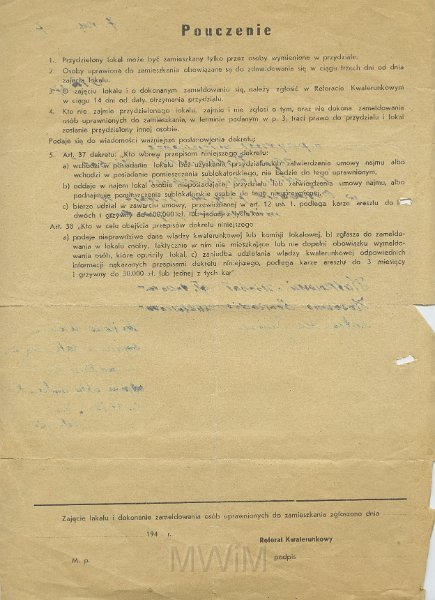 KKE 5437a.jpg - Dok. Przydział mieszkaniowy. Przydział wydany przez Zarząd Miejski - referat kwaterunkowy w Ostródzie dla Michała Katkowskiego i jego rodziny, Ostróda, 7 VIII 1947 r.